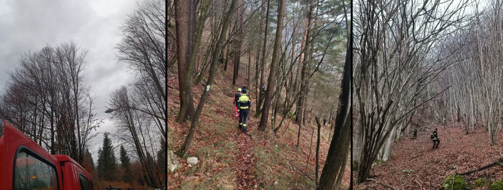 Reševalni helikopter ter gasilci GZ Cerkno preizkujejo strma pobočja pod Šebreljam iskalna akcija